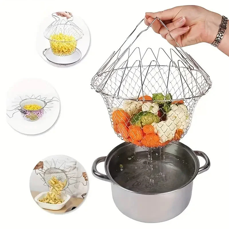 Stainless Steel Deep-fried Large Noodle Kitchen French Fries Tools Drain Basket Household Leak Net Spoon Folding Filter