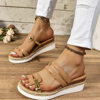 Colorblock-strap Wedges Sandals Summer Fashion Hemp Heel Slides Slippers Outdoor Thick Bottom Fish Mouth Shoes For Women