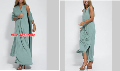 New Solid Color V-neck Sleeveless Dress Long Cardigan Jacket Suit For Women