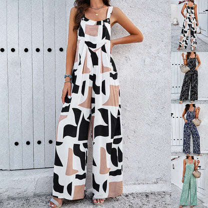 Fashion Print Square Neck Overall mit Taschen Frühling Sommer Casual Lose Overalls Damen Kleidung