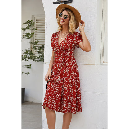 Women's Printed V Neck Short-sleeved Lace Up Slim Dress