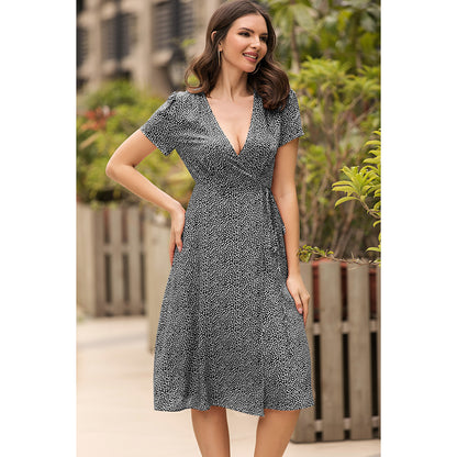 Women's Printed V Neck Short-sleeved Lace Up Slim Dress