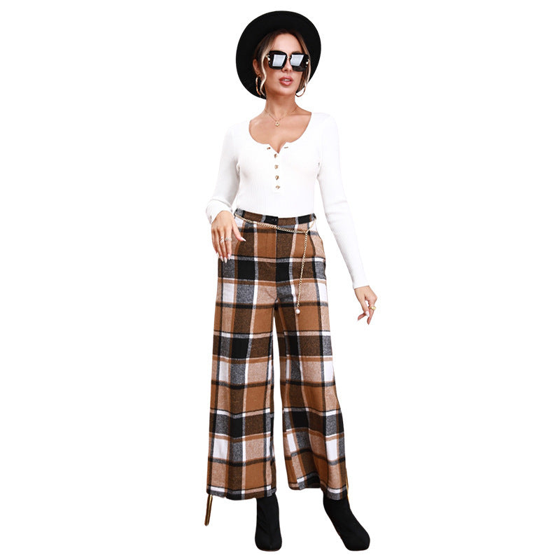 High Waist Casual Trousers Khaki Plaid Straight-leg Pants