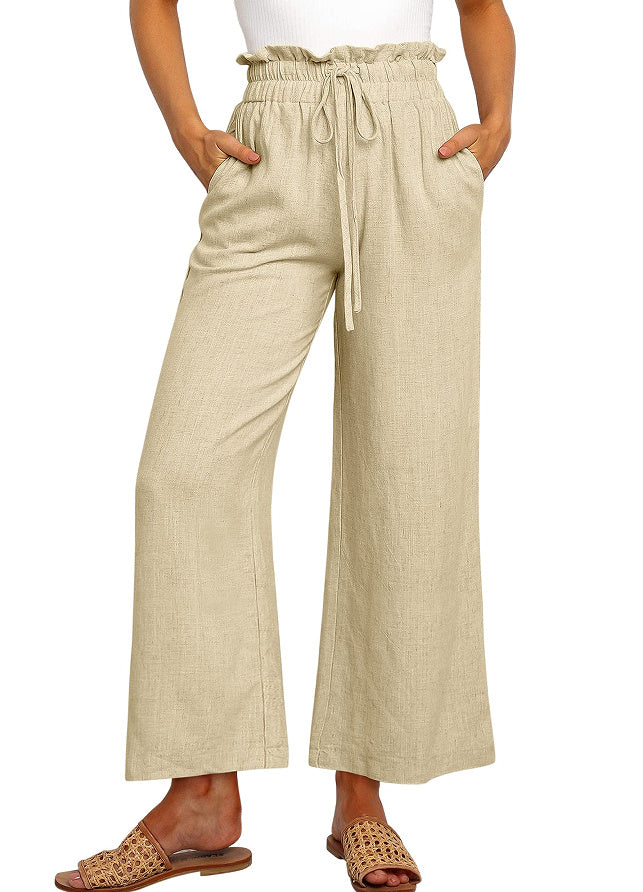 Elastic Waistband Lace-up Wide Leg Pants Solid Color Cropped Pants