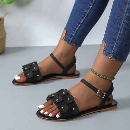 Retro Blumen Sandalen Sommer Casual Vielseitige Runde Kappe Schnalle Flache Strand Schuhe Für Frauen Neue Römische Schuhe