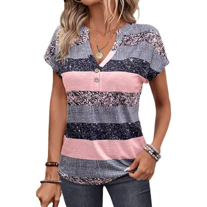 European And American Summer Short Sleeve Striped V-neck 3D Printed Casual T-shirt