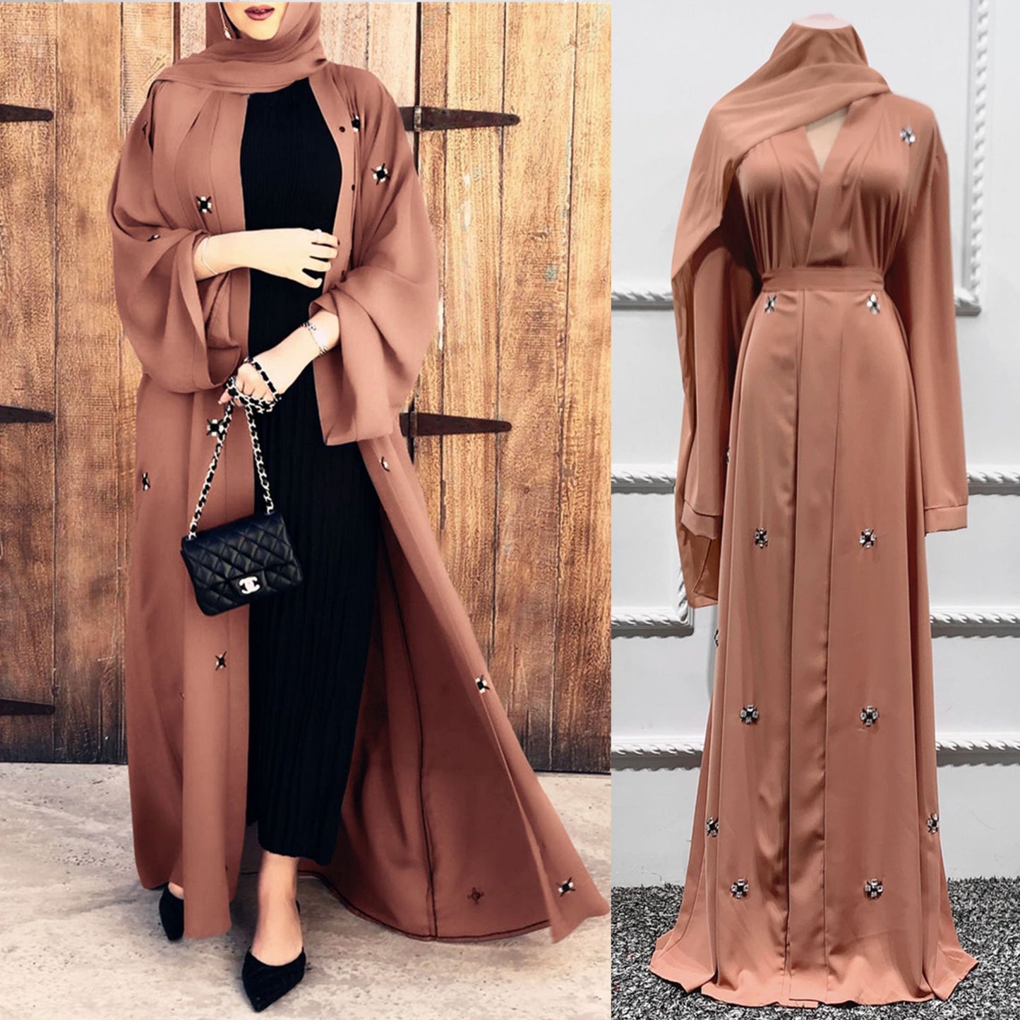 Islamisches Cardigan-Kleid mit Perlenbesatz