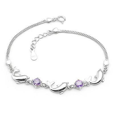 925 sterling silver bracelet dolphin amethyst bracelet, short silver jewelry for women