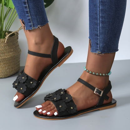 Retro Blumen Sandalen Sommer Casual Vielseitige Runde Kappe Schnalle Flache Strand Schuhe Für Frauen Neue Römische Schuhe