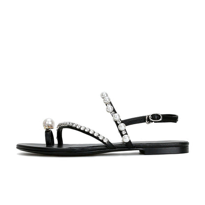 Flache Damen-Sandalen mit Strass-Perlen-Tanga