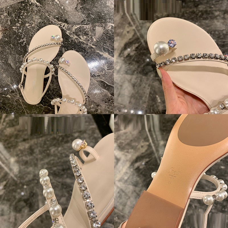 Flache Damen-Sandalen mit Strass-Perlen-Tanga