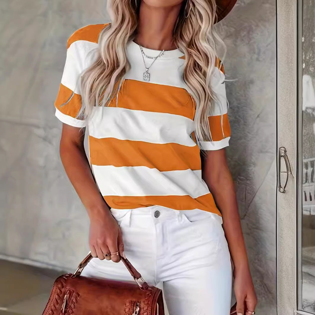 Summer Women's Fashion Striped Printed Short Sleeve Casual T-shirt