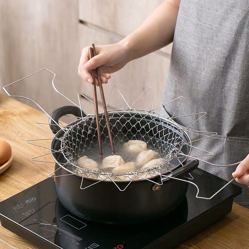 Stainless Steel Deep-fried Large Noodle Kitchen French Fries Tools Drain Basket Household Leak Net Spoon Folding Filter