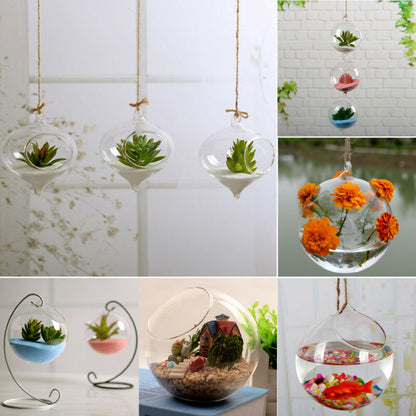 Round glass vase with metal suspension