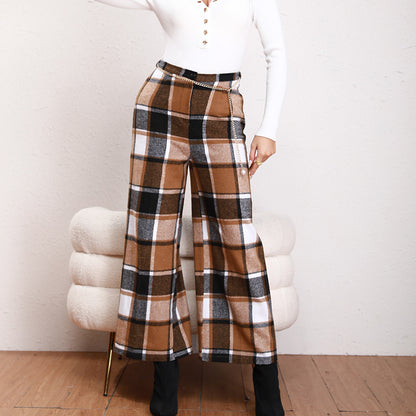 High Waist Casual Trousers Khaki Plaid Straight-leg Pants