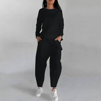 Mode Sweatshirt Langarm Back Slit Top und Lose Hose mit Taschen