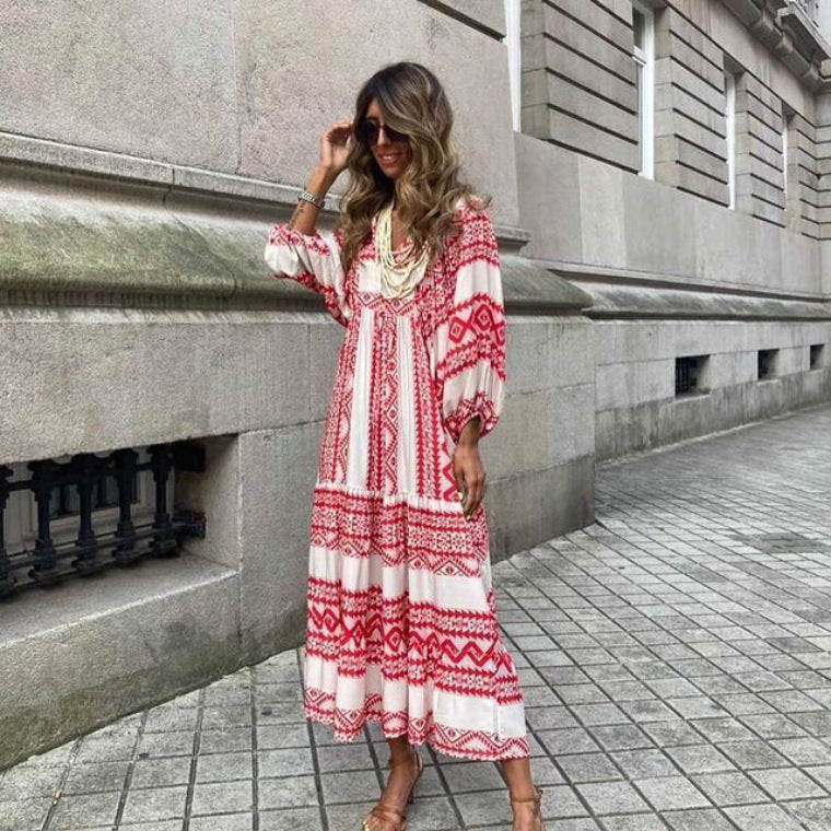 Sommer Damen Vintage Gedruckt Bohemian Kleid Elegante Damen Casual Lose V-ausschnitt Kurzarm Lange Kleider