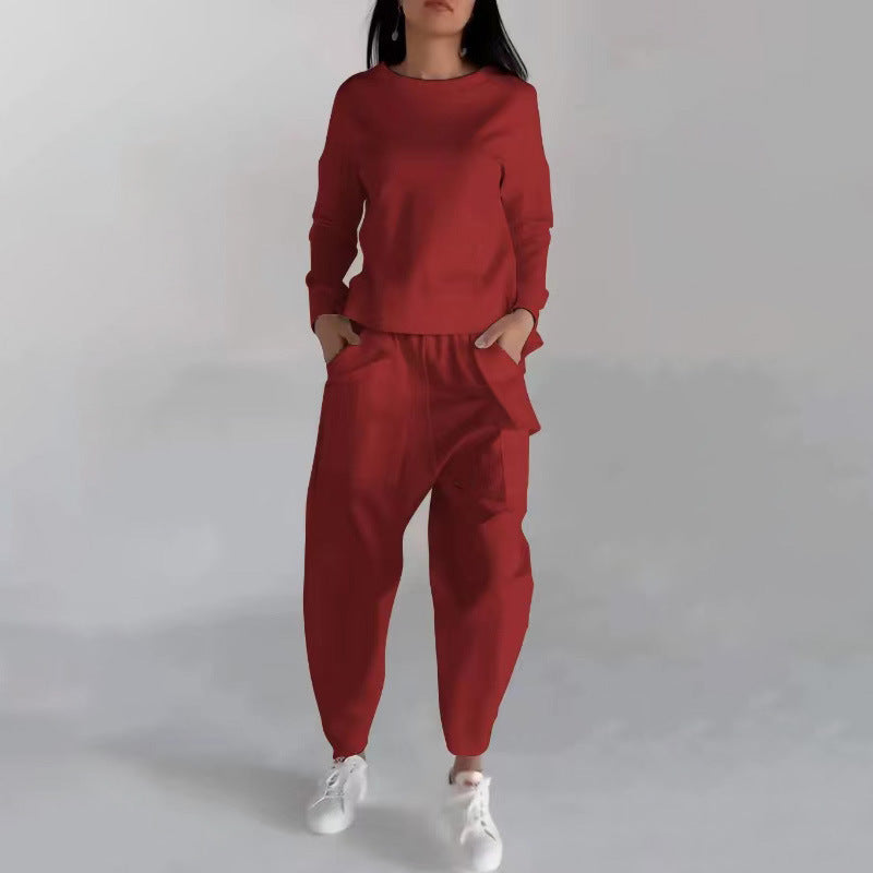 Mode Sweatshirt Langarm Back Slit Top und Lose Hose mit Taschen