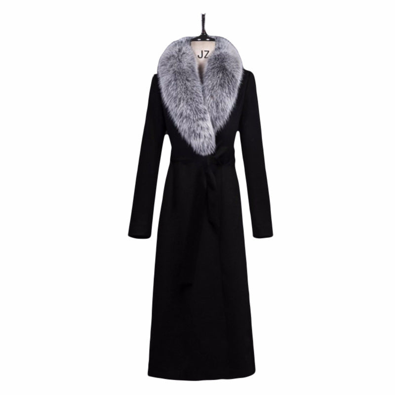 Real Fox Fur Collar Wool Overcoat Super Long Waist