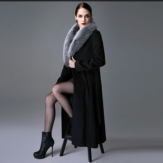 Real Fox Fur Collar Wool Overcoat Super Long Waist