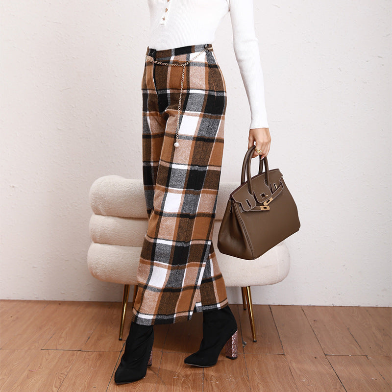 High Waist Casual Trousers Khaki Plaid Straight-leg Pants